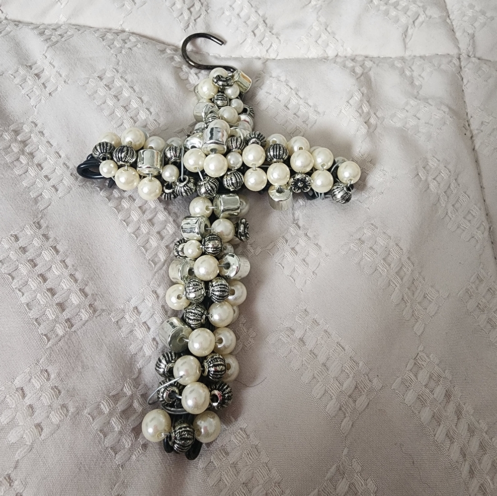 Vintage Jeweled Pearl and Silver Beaded Cross